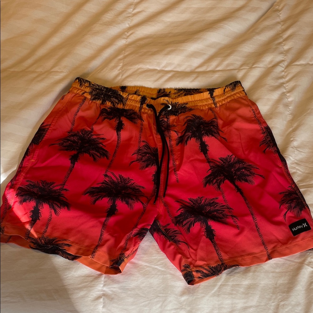 Hurley Men's Orange Swim Trunks with Palm Tree Design
